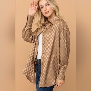 Checkerboard Satin Loose Fit Casual Shirts Top